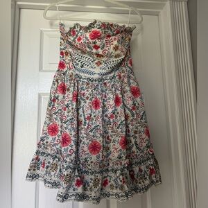 Anthropologie White Floral Strapless Mini Dress with Pink & Blue Print